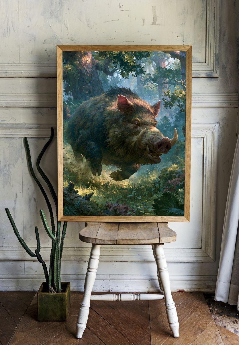 Charging Boar Forest Illustration Poster. — room view 1