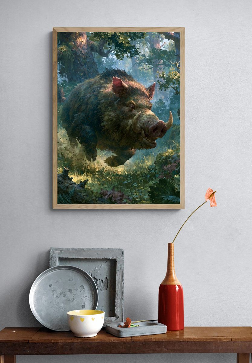 Charging Boar Forest Illustration Poster. — room view 3