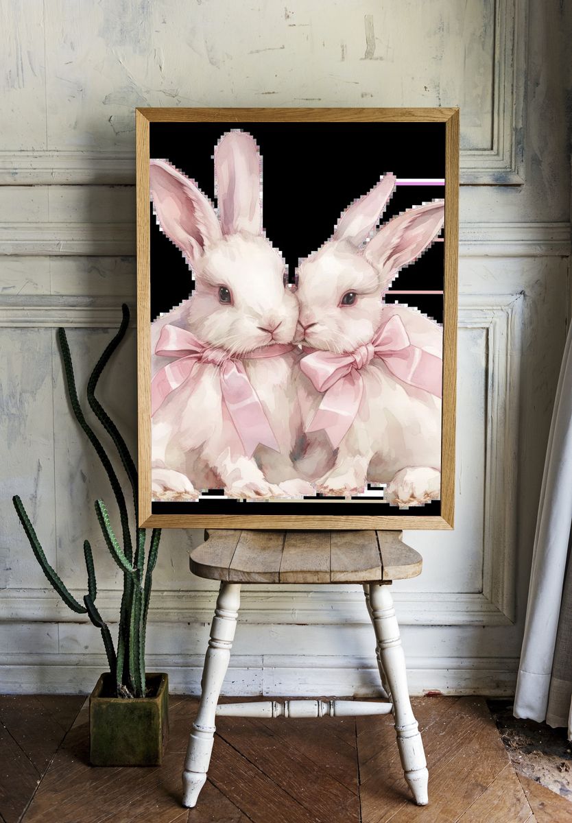 Pink Bunny Duo Watercolor Print. room preview