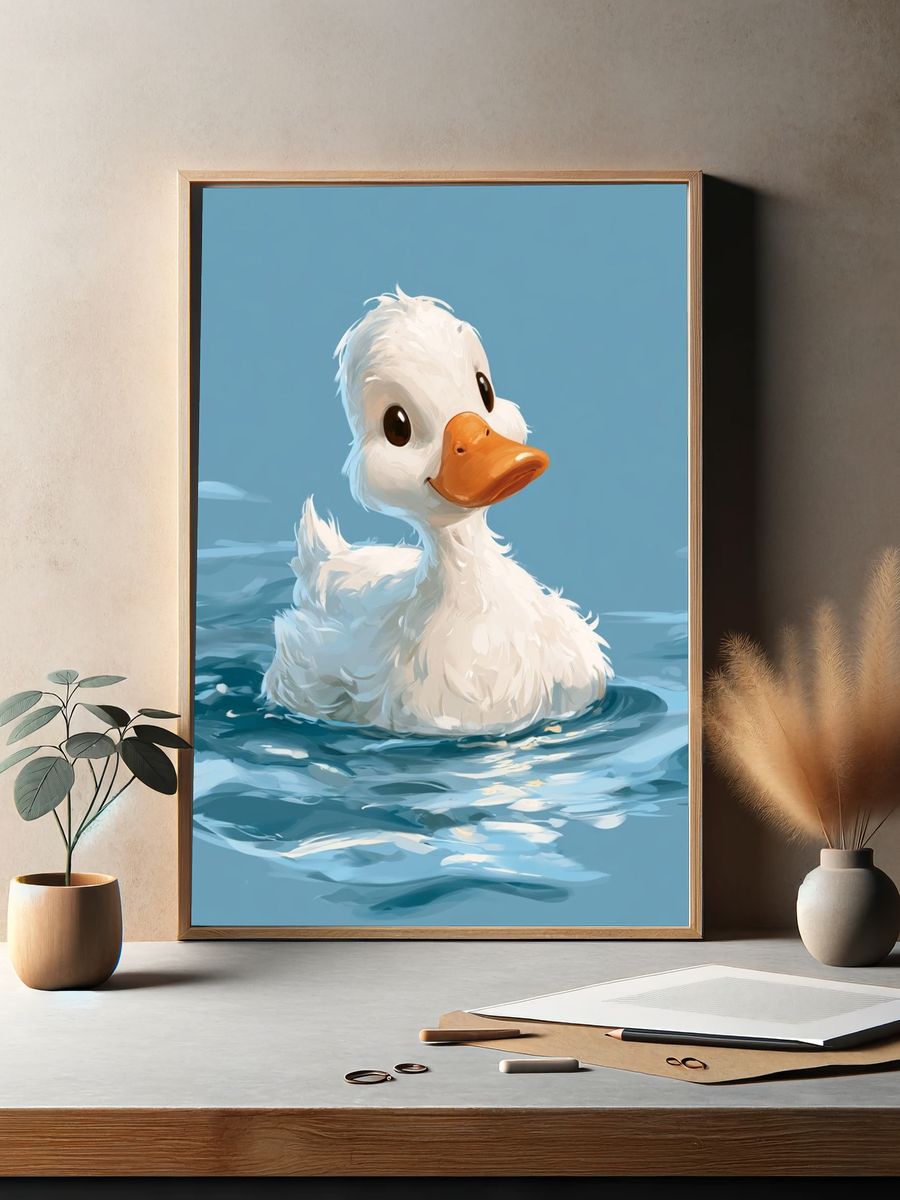Cute Duckling in Water Illustration Poster. — room view 2