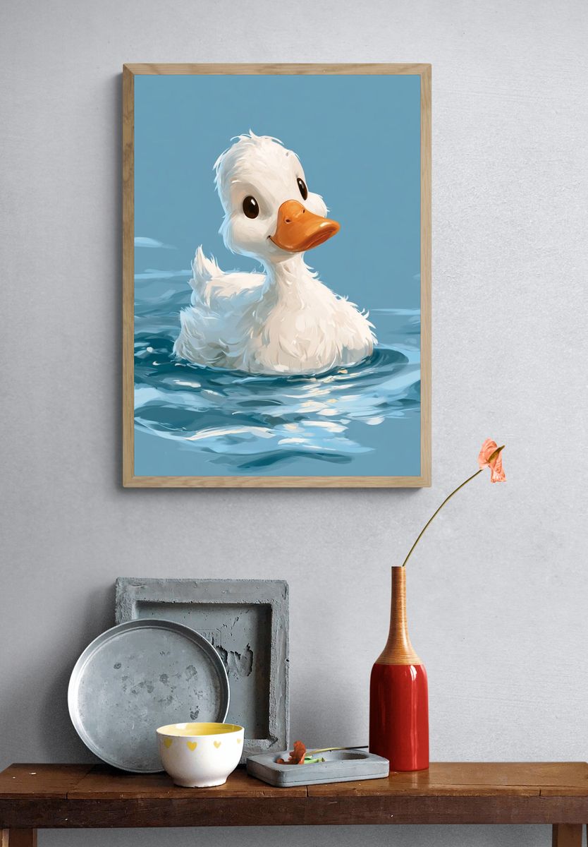 Cute Duckling in Water Illustration Poster. — room view 3