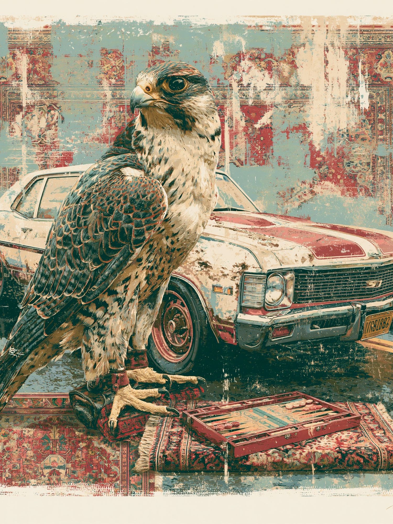Falcon and Classic Car Illustration Poster. poster — animals art