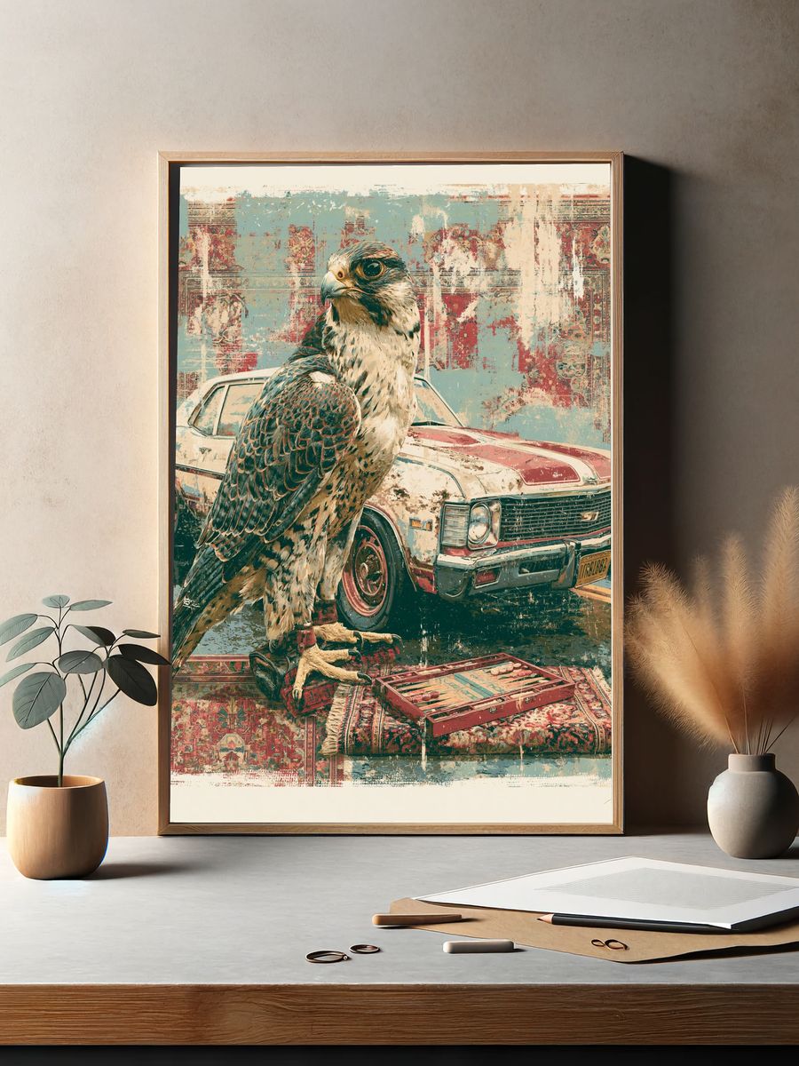 Falcon and Classic Car Illustration Poster. — room view 2