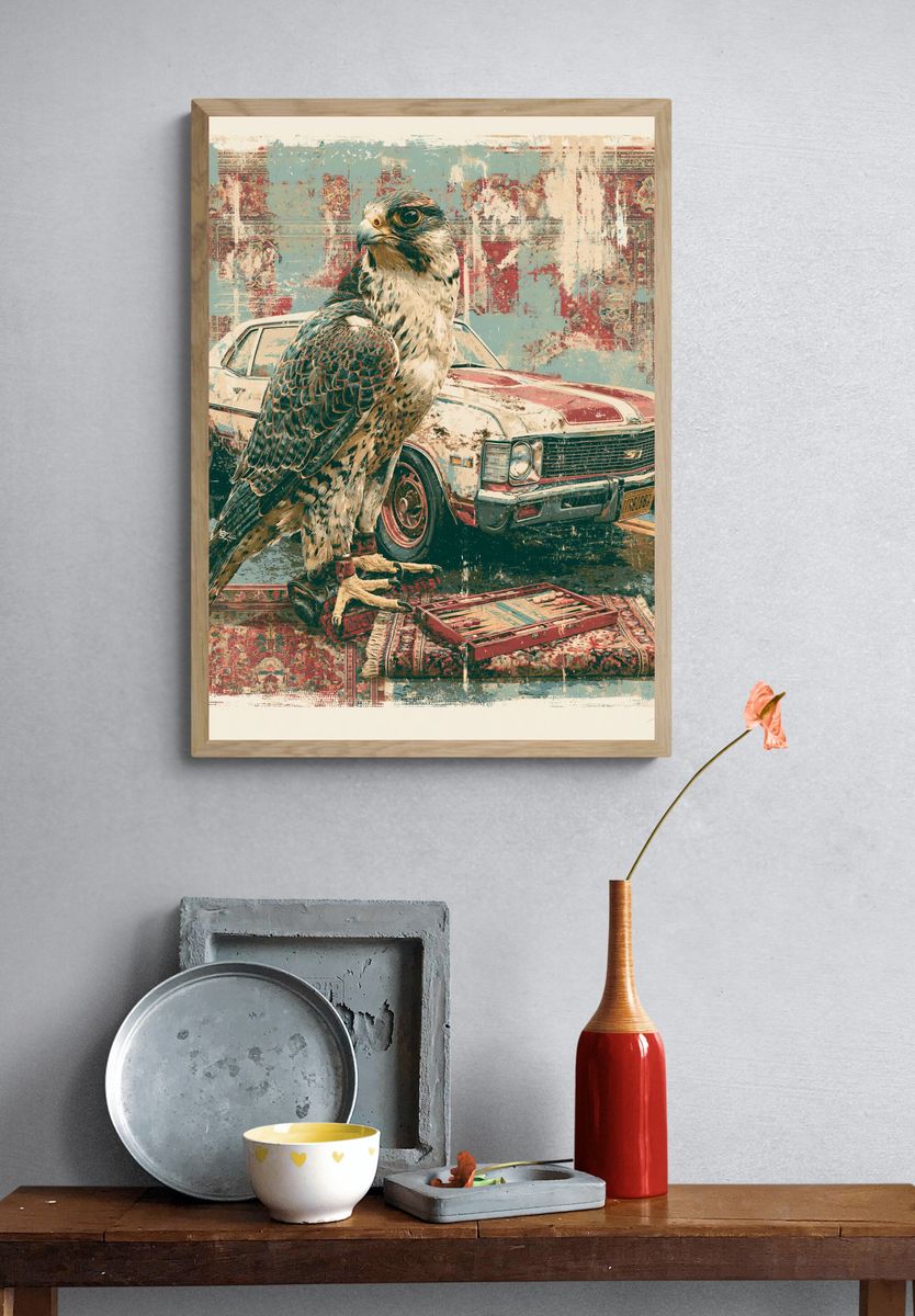 Falcon and Classic Car Illustration Poster. — room view 3