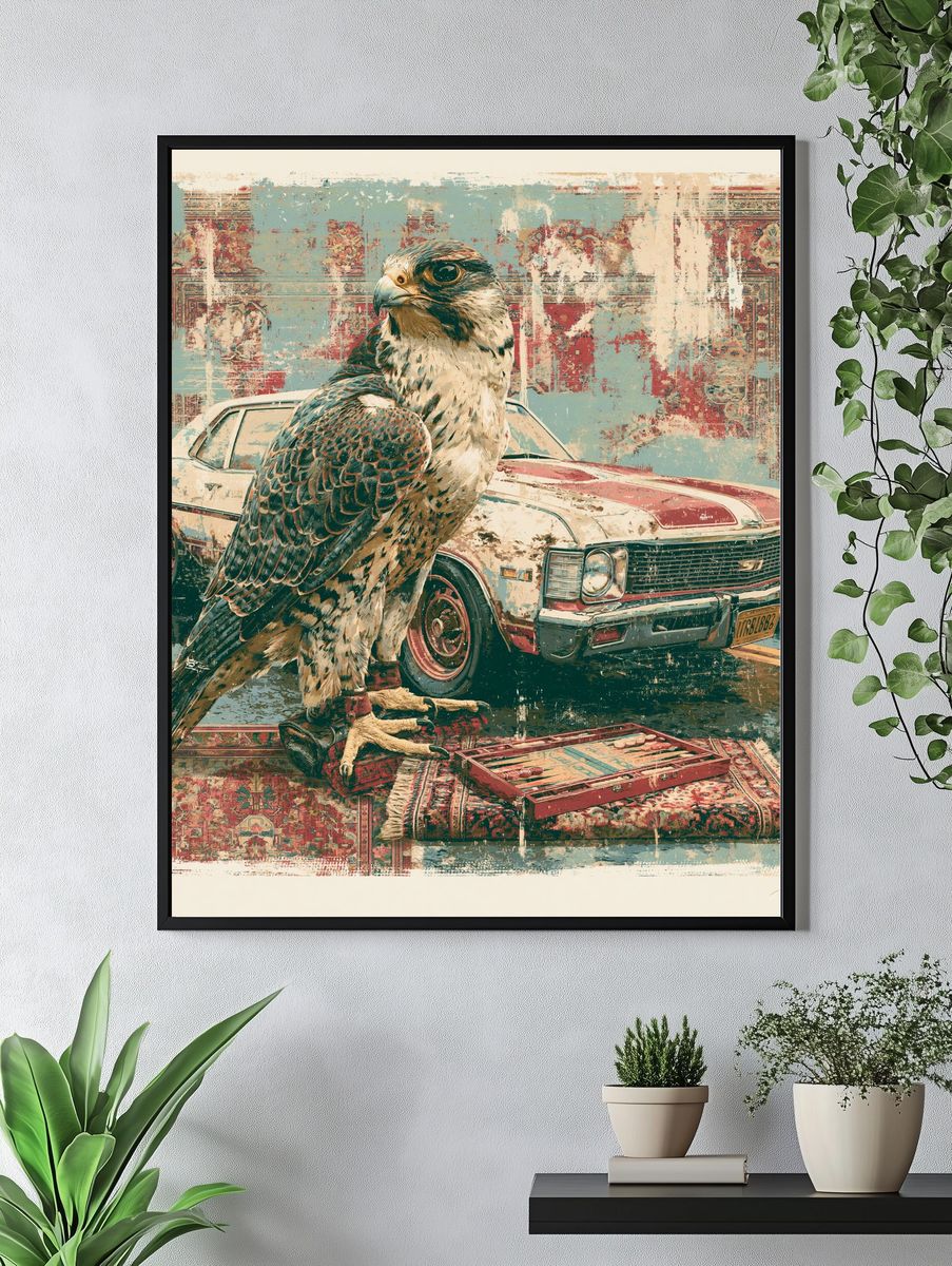 Falcon and Classic Car Illustration Poster. — room view 4
