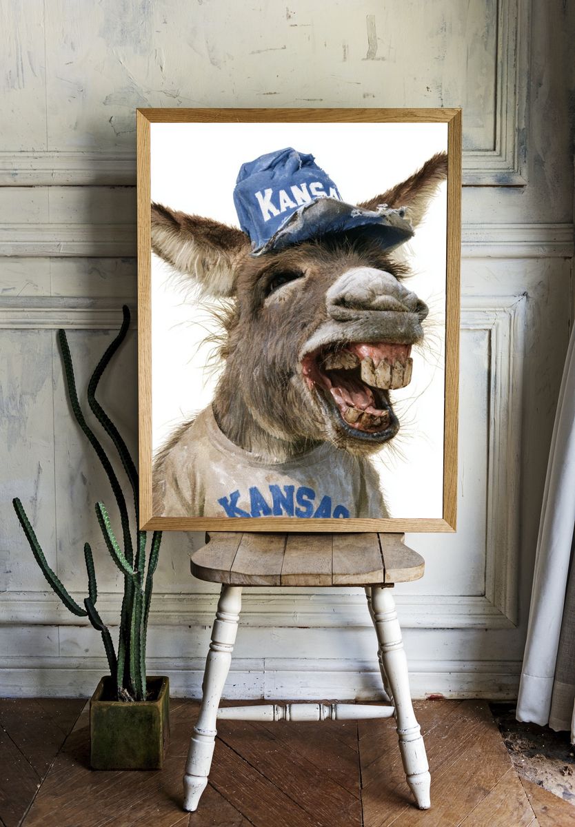Laughing Donkey Portrait Print. — room view 1