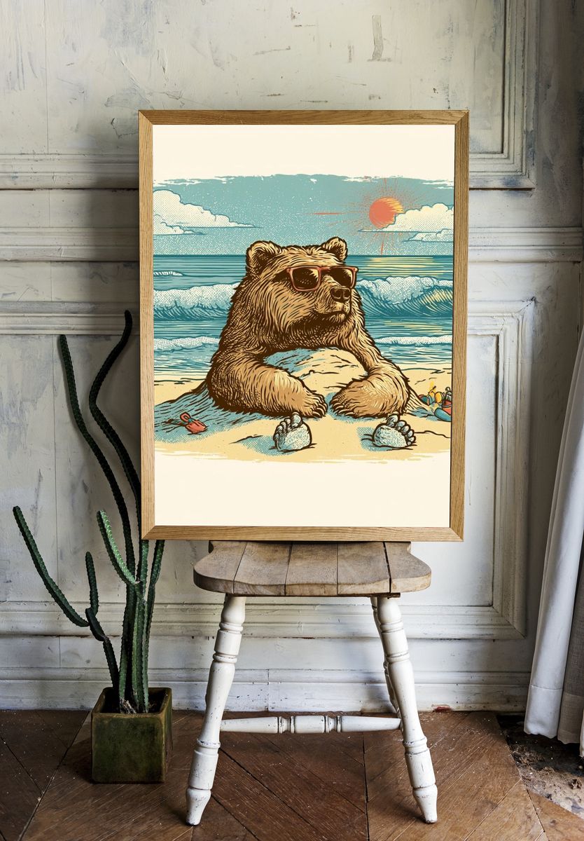 Cool Bear Beach Illustration Poster. — room view 1