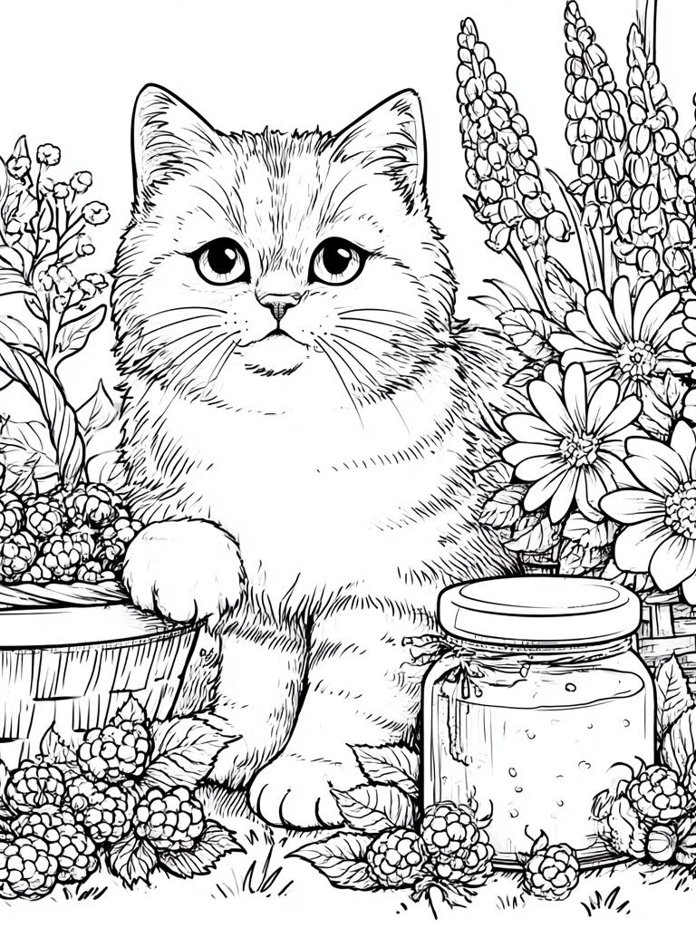 Kitten in Floral Garden Coloring Poster. poster detail