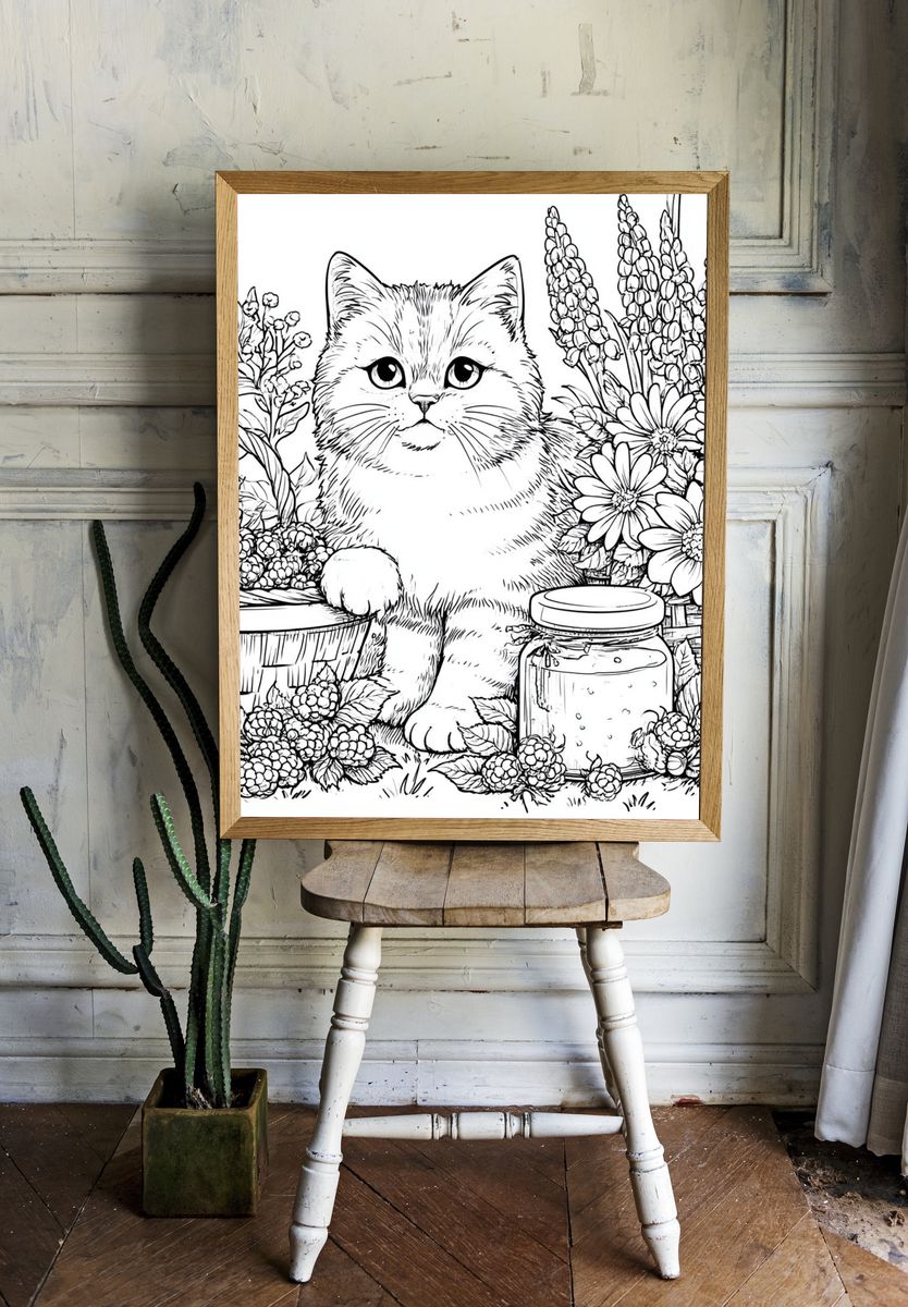 Kitten in Floral Garden Coloring Poster. — room view 1