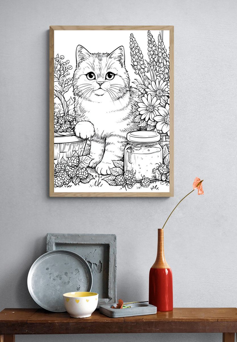 Kitten in Floral Garden Coloring Poster. — room view 3