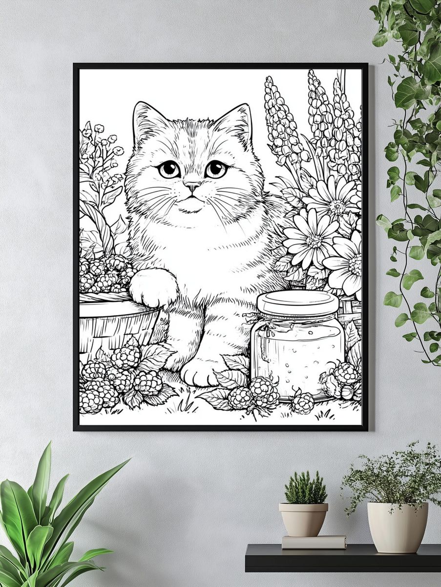 Kitten in Floral Garden Coloring Poster. — room view 4