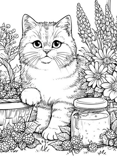 Kitten in Floral Garden Coloring Poster. poster
