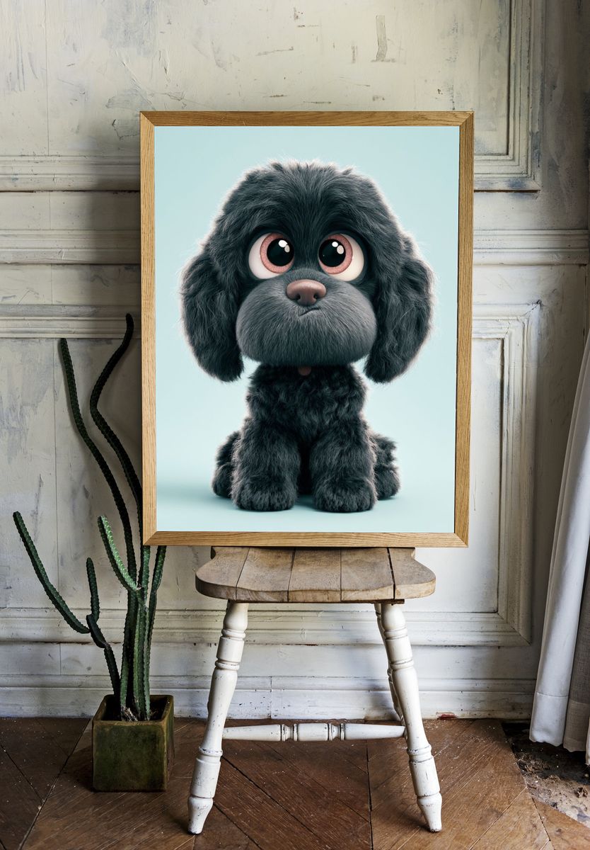 Cute Black Puppy Illustration Poster. — room view 1