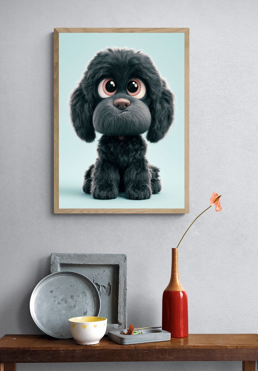 Cute Black Puppy Illustration Poster. — room view 3