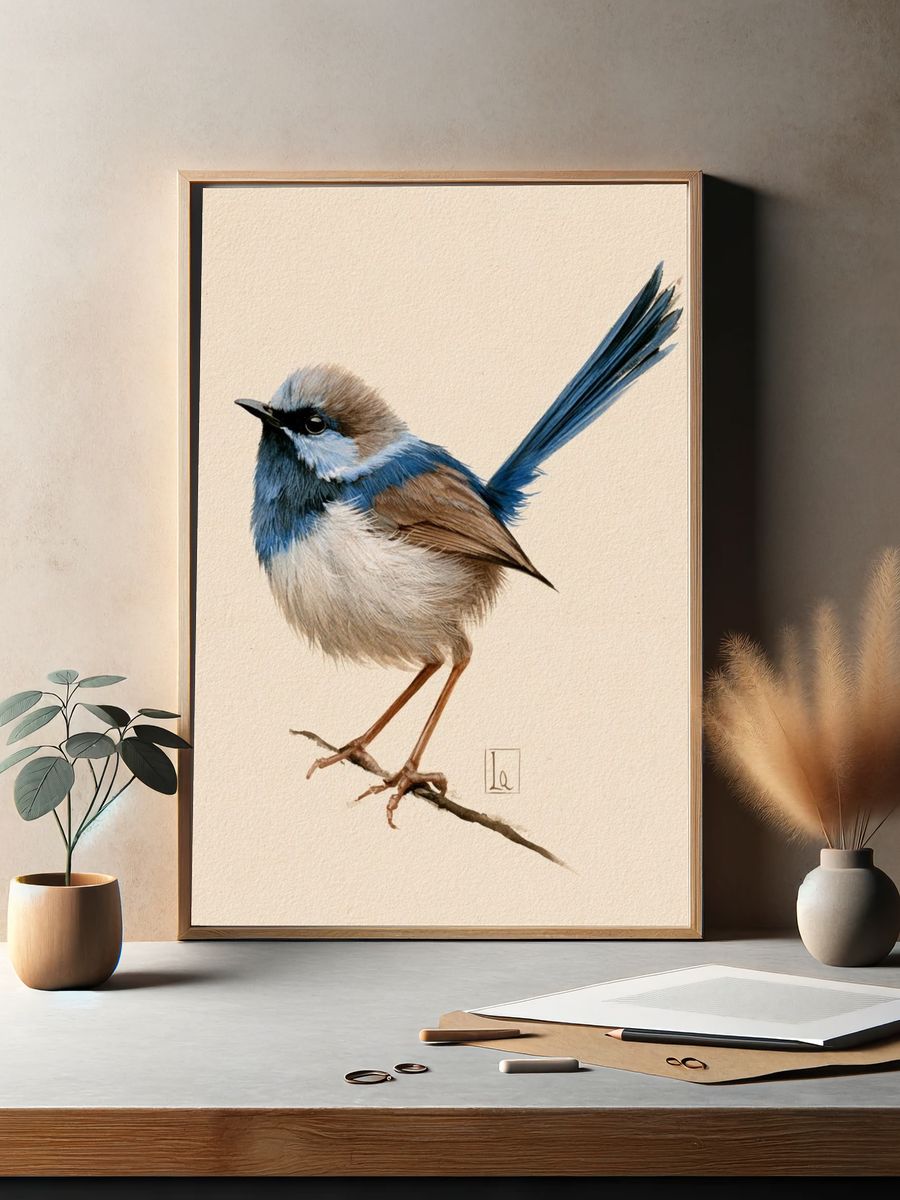 Blue Wren Watercolor Poster. — room view 2