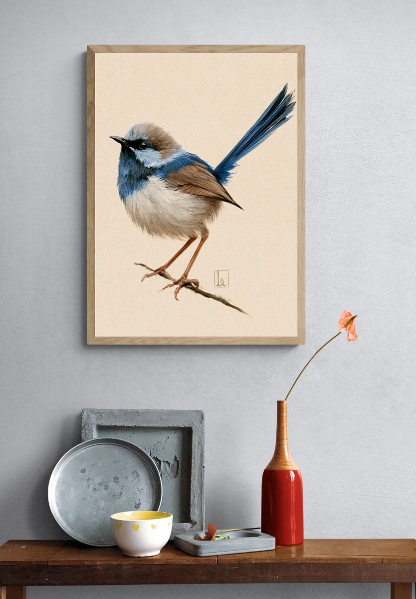 Blue Wren Watercolor Poster. — room view 3