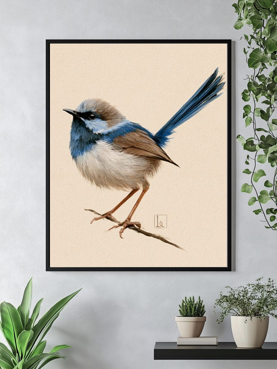 Blue Wren Watercolor Poster. — room view 4