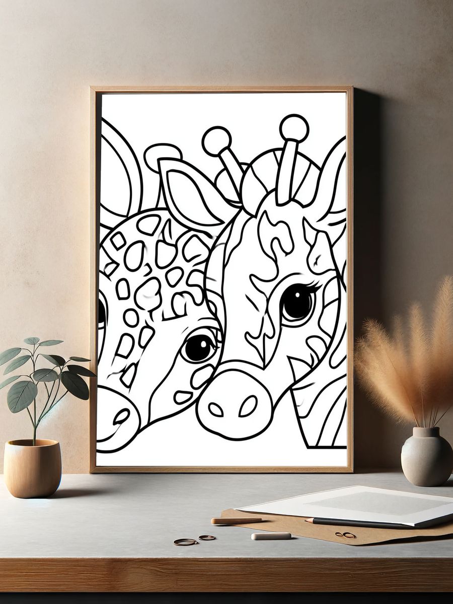 Cute Giraffe Duo Line Art Poster. — room view 2