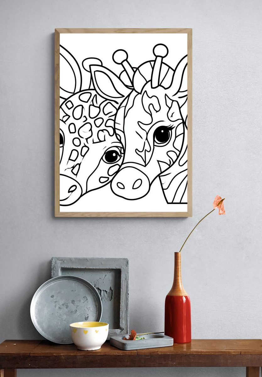 Cute Giraffe Duo Line Art Poster. — room view 3