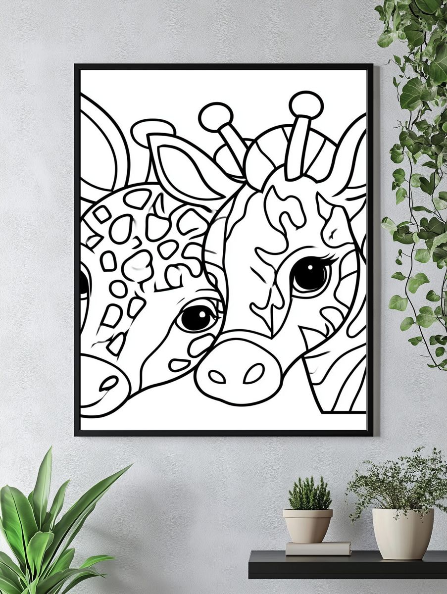 Cute Giraffe Duo Line Art Poster. — room view 4