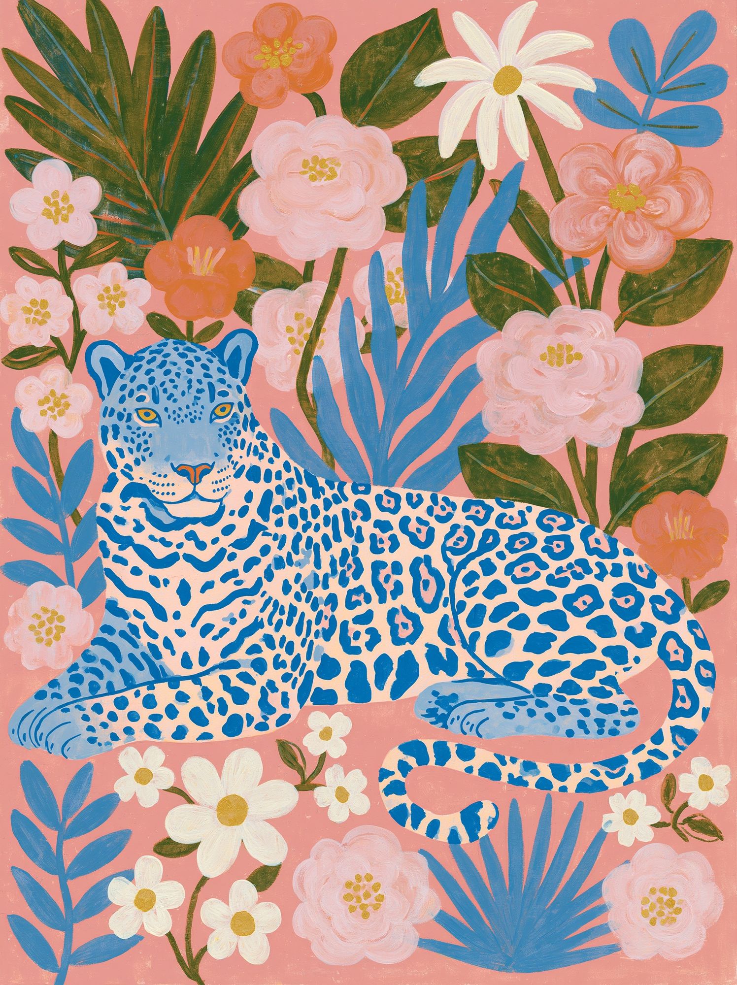 Blue Leopard Floral Illustration Poster. poster — animals art