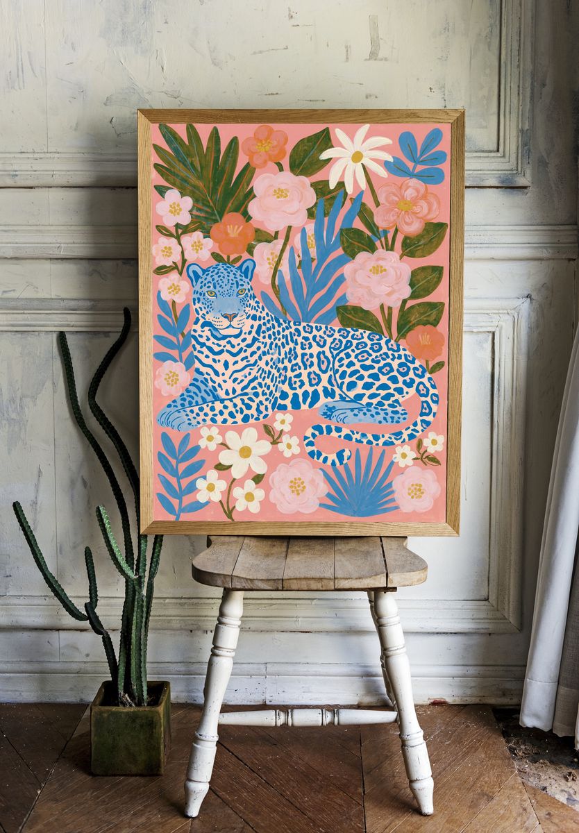 Blue Leopard Floral Illustration Poster. — room view 1