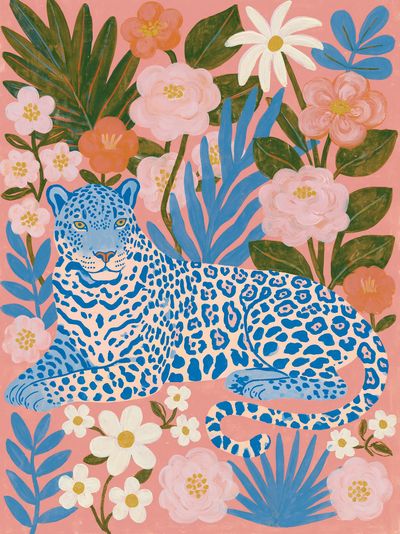 Blue Leopard Floral Illustration Poster. poster