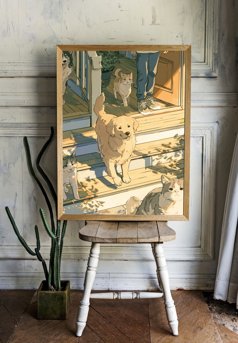 Sunlit Cats on the Porch Illustration Poster. — room view 1