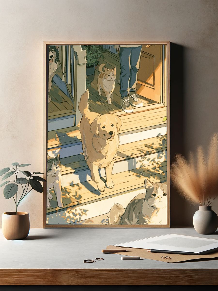 Sunlit Cats on the Porch Illustration Poster. — room view 2