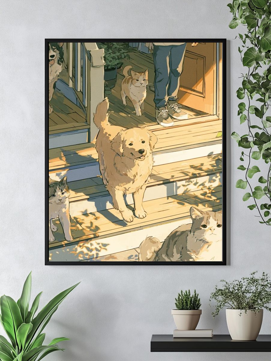 Sunlit Cats on the Porch Illustration Poster. — room view 4