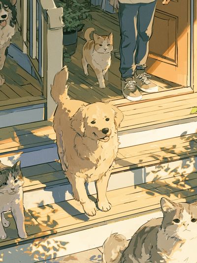 Sunlit Cats on the Porch Illustration Poster. poster