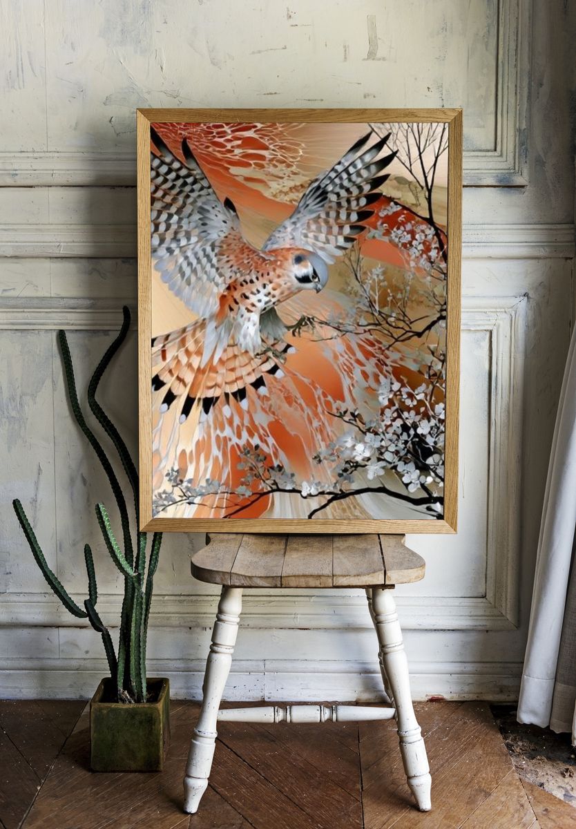 Falcon in Autumn Sky Illustration Poster. — room view 1