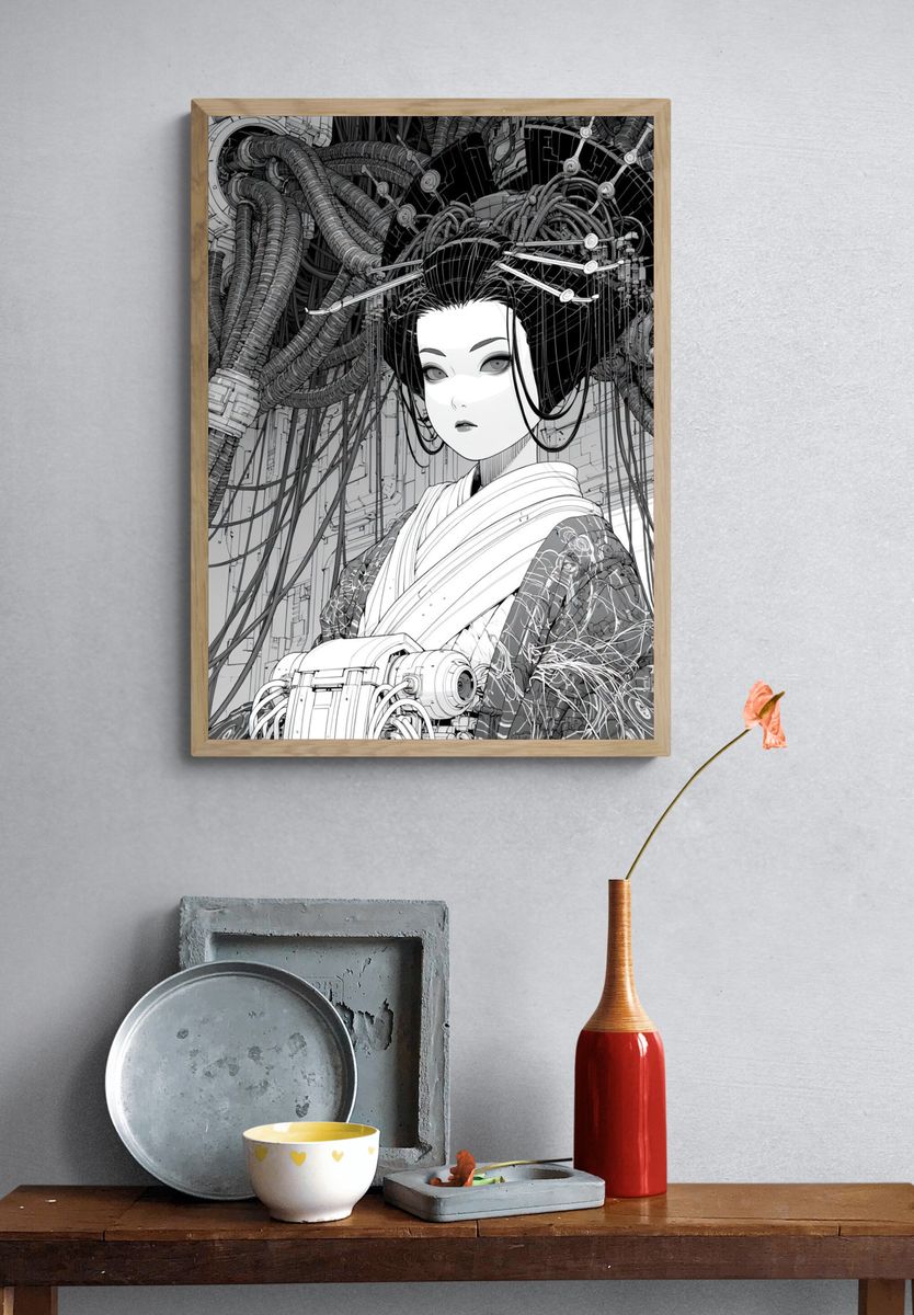 Cyber Geisha Portrait Print. — room view 3