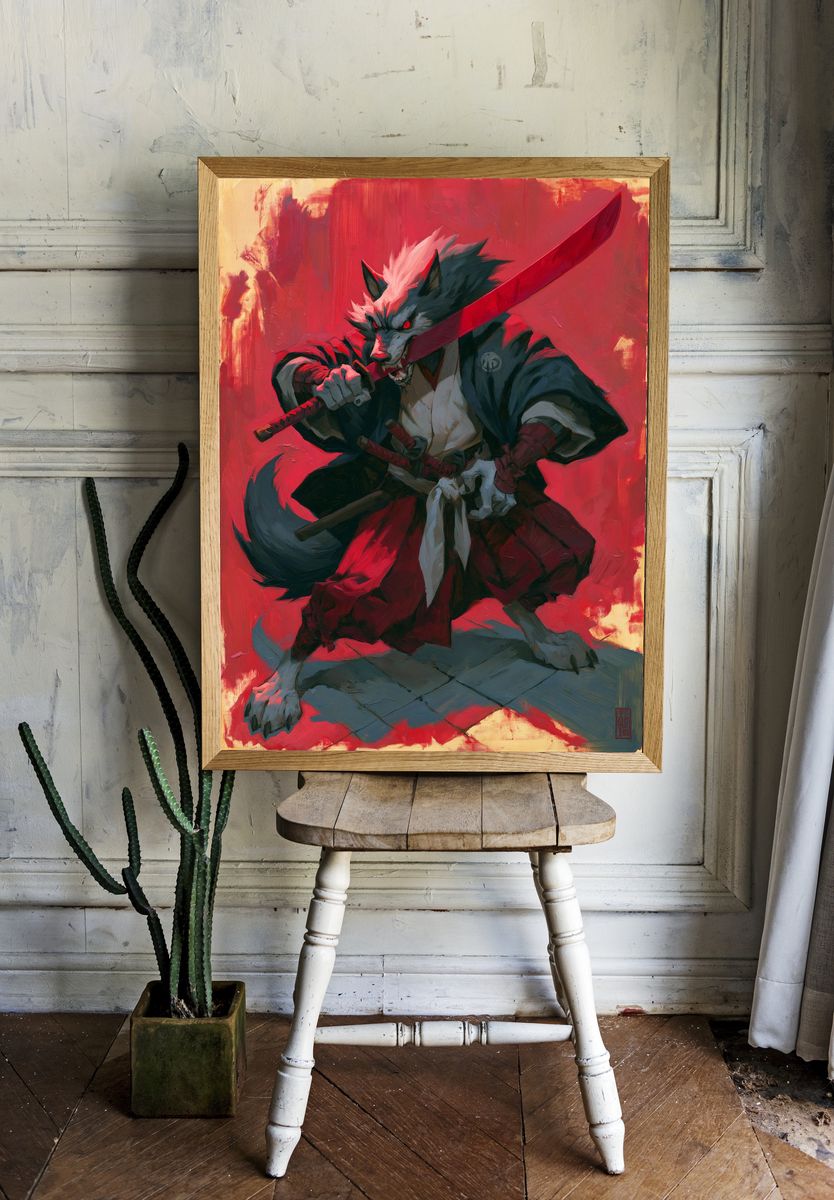 Samurai Wolf Digital Art Poster. — room view 1