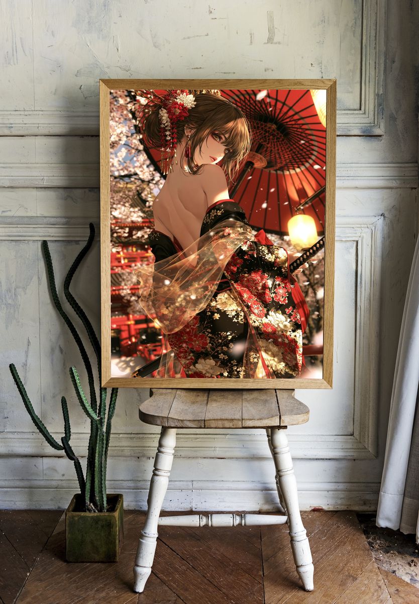 Geisha in Cherry Blossom Kimono Poster. — room view 1