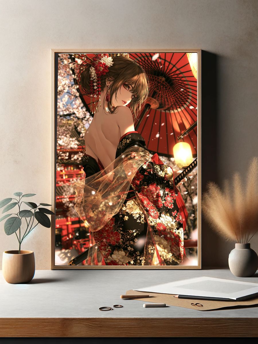Geisha in Cherry Blossom Kimono Poster. — room view 2