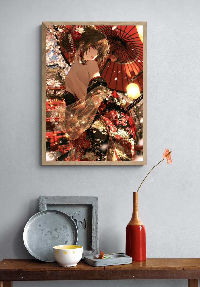 Geisha in Cherry Blossom Kimono Poster. — room view 3