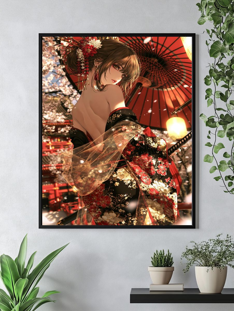 Geisha in Cherry Blossom Kimono Poster. — room view 4