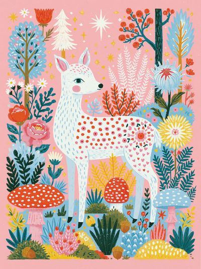Whimsical Deer Garden Illustration Poster. poster