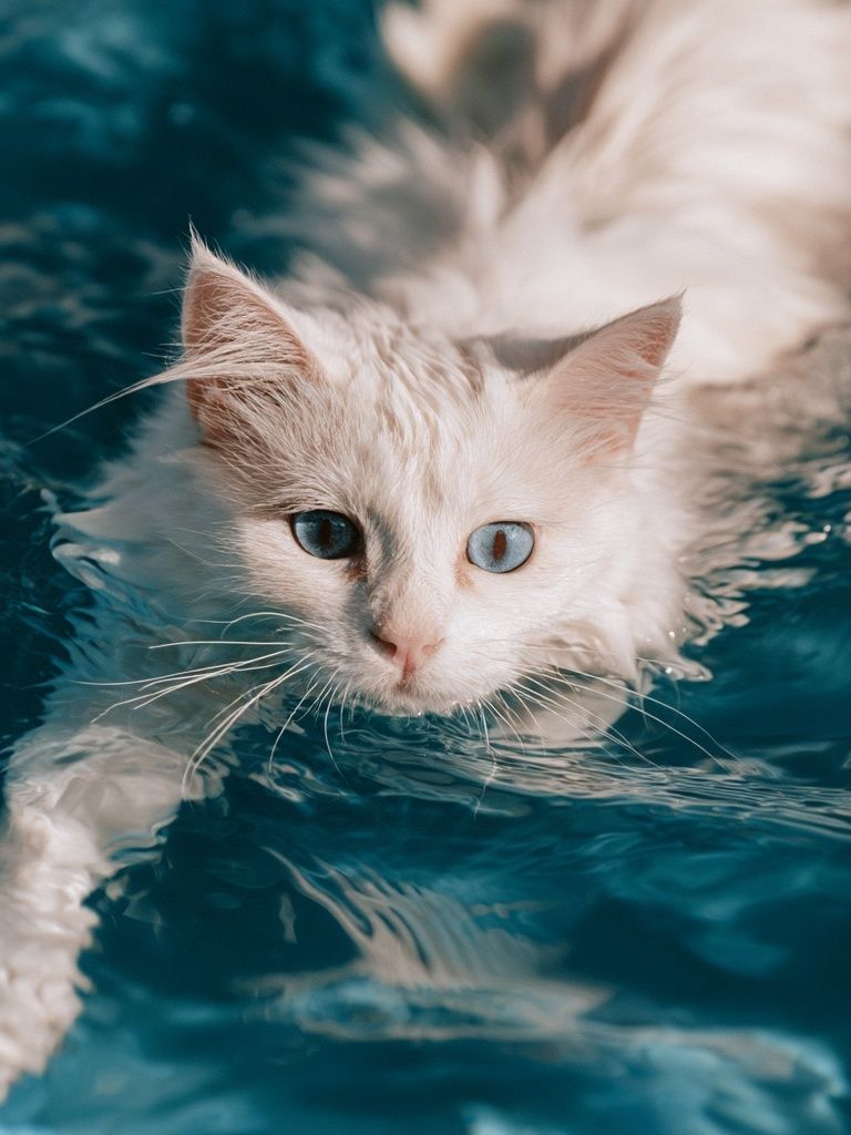 Blue-Eyed Cat in Water Photography Poster. poster — animals art