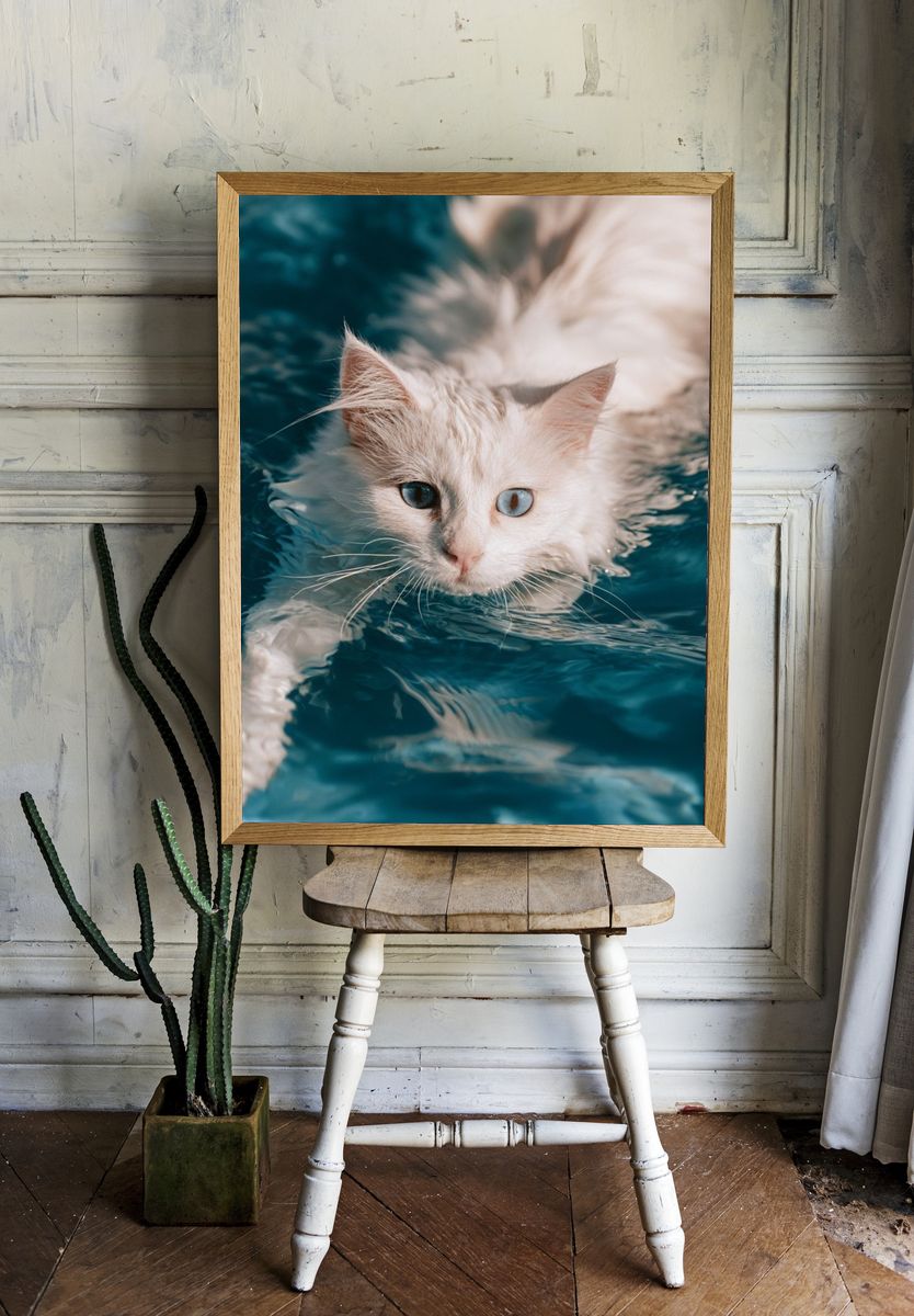 Blue-Eyed Cat in Water Photography Poster. — room view 1