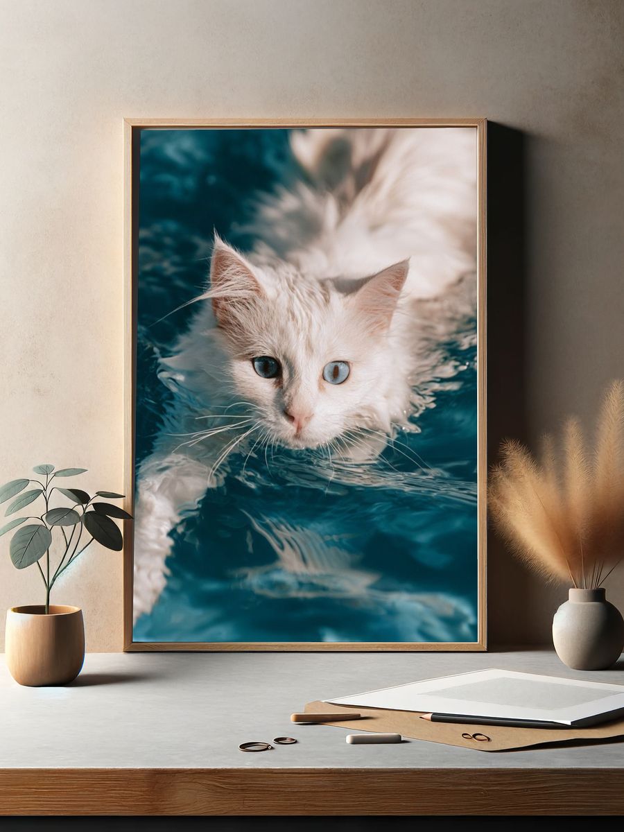 Blue-Eyed Cat in Water Photography Poster. — room view 2