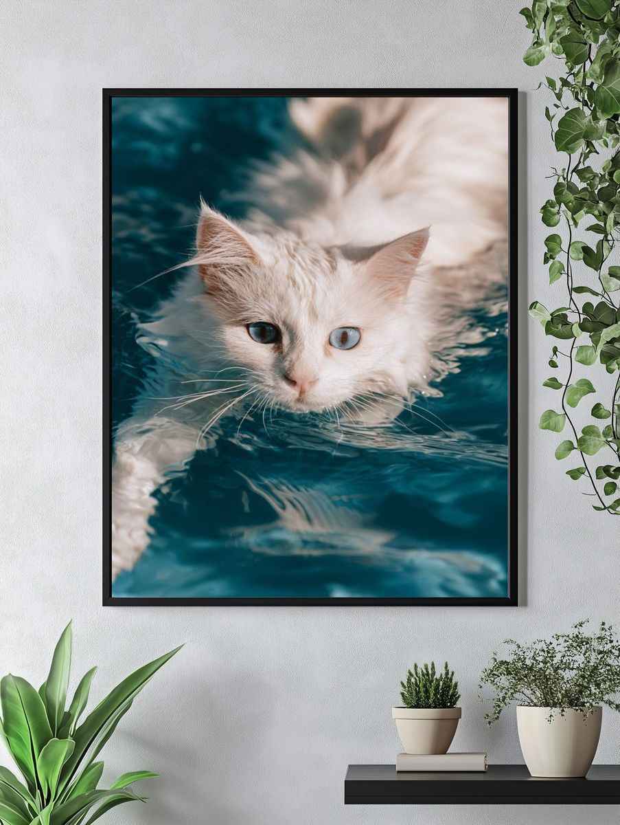 Blue-Eyed Cat in Water Photography Poster. — room view 4