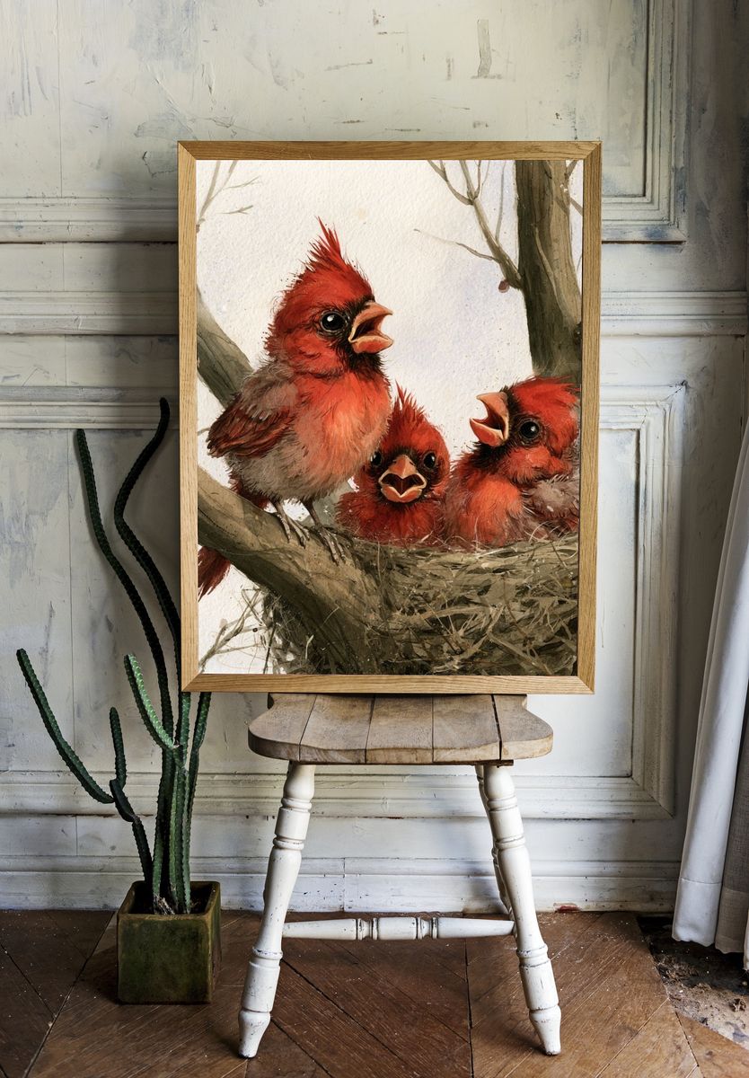 Cardinal Chicks Watercolor Poster. — room view 1