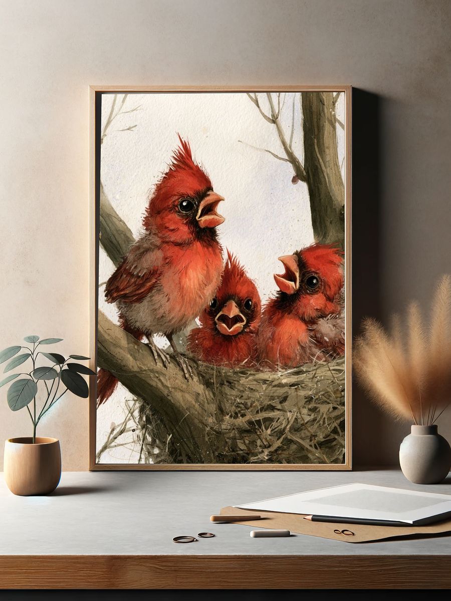 Cardinal Chicks Watercolor Poster. — room view 2