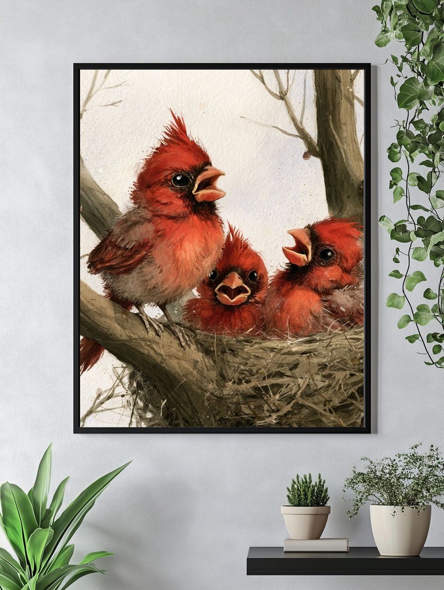Cardinal Chicks Watercolor Poster. — room view 4