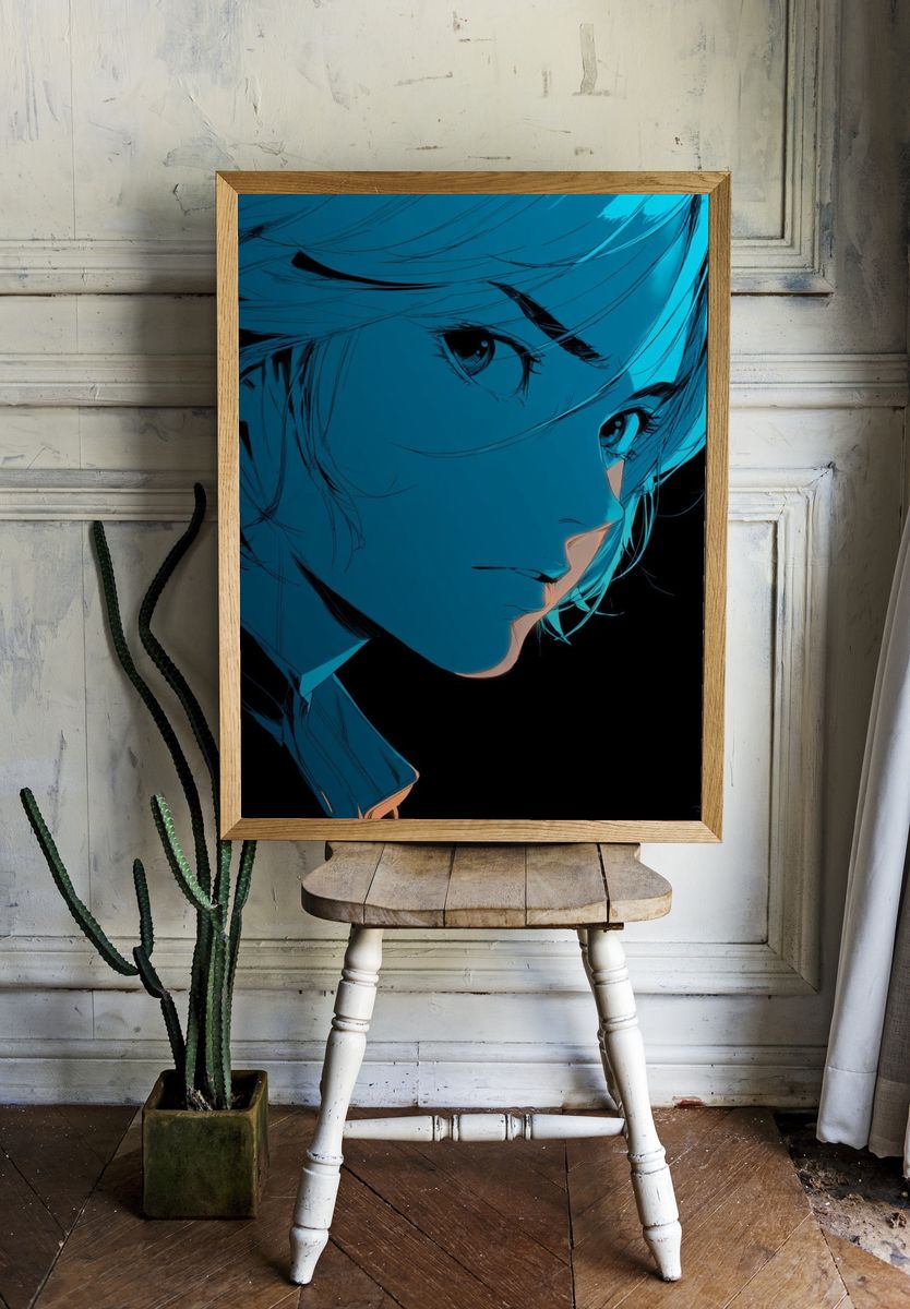 Blue Anime Portrait Print. — room view 1