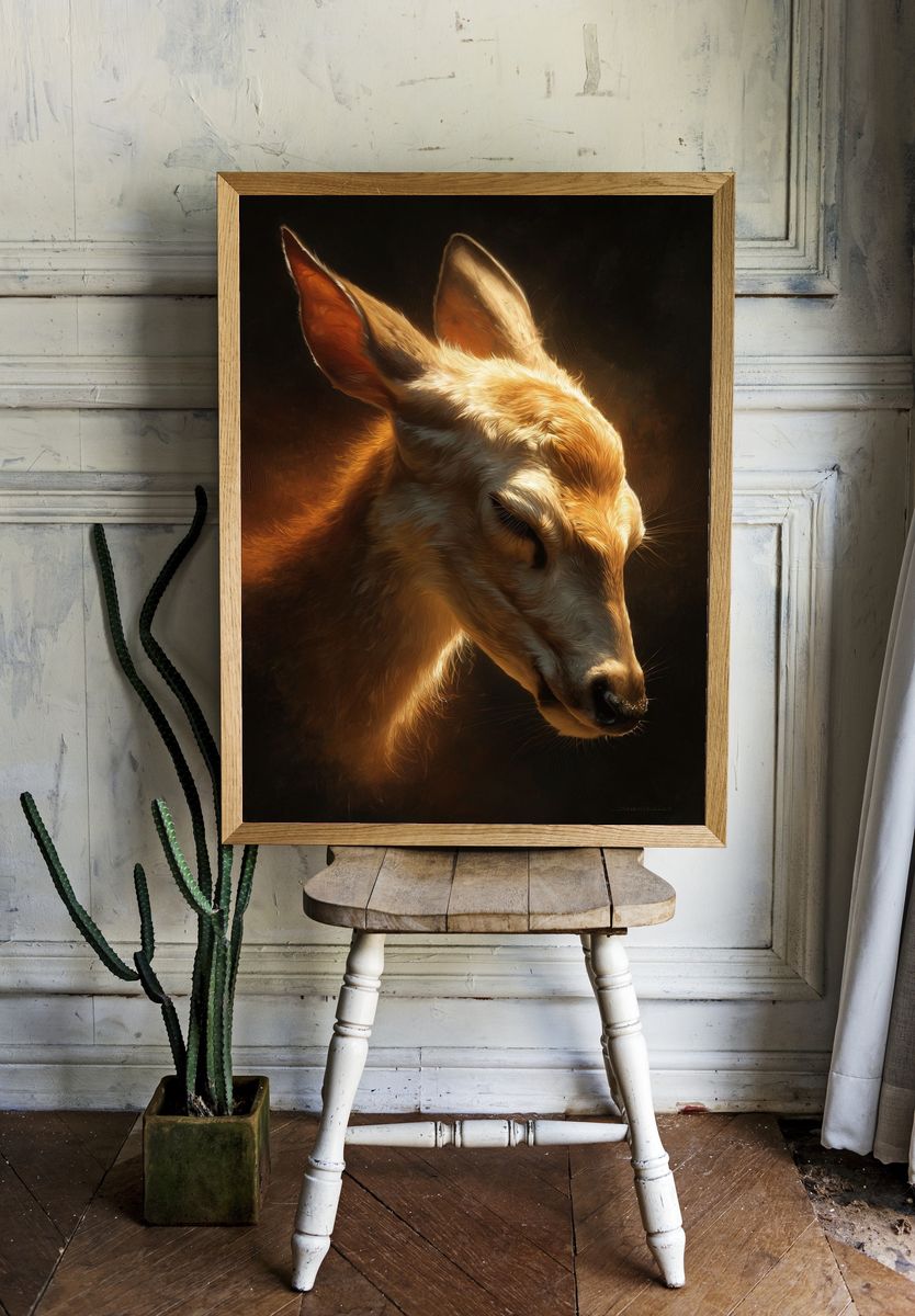 Golden Deer Portrait Print. — room view 1