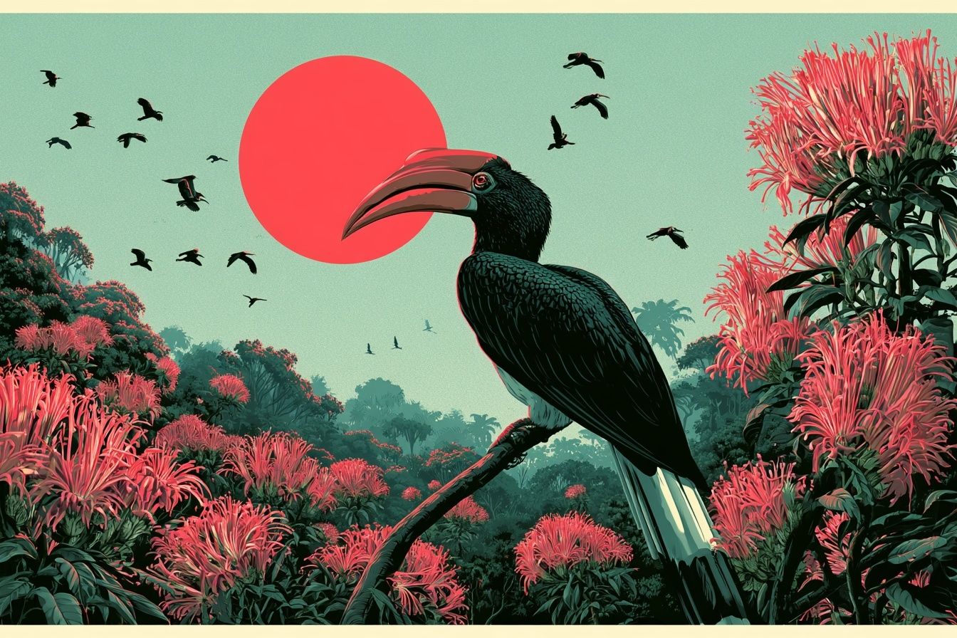 Tropical Hornbill Sunset Print. poster detail