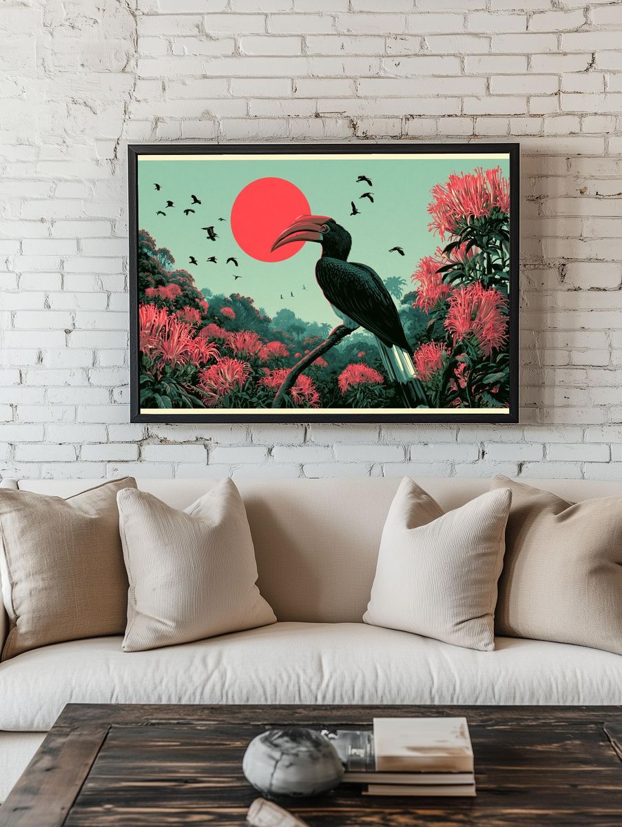 Tropical Hornbill Sunset Print. — room view 1